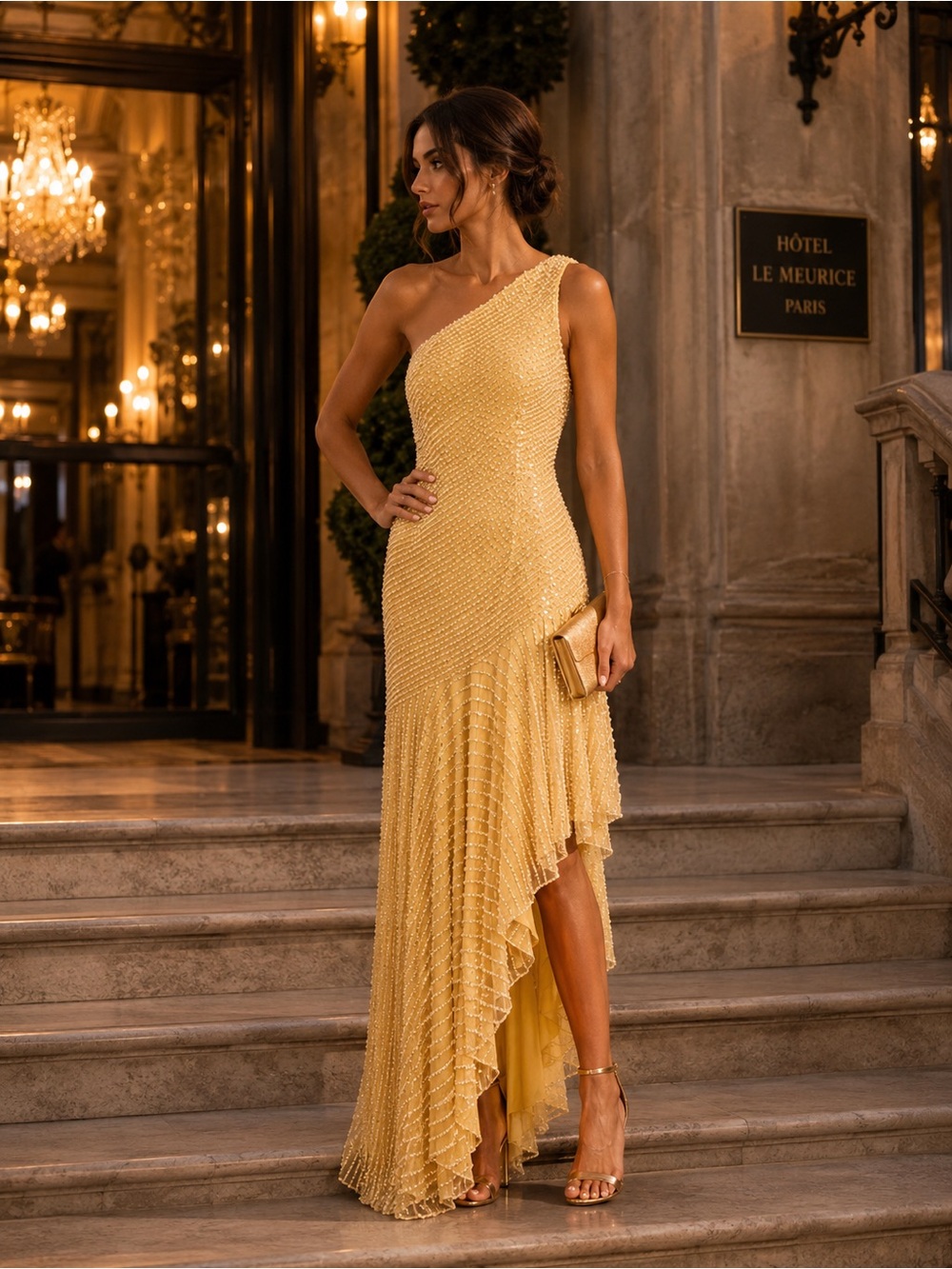 One-Shoulder Yellow Sequin Asymmetric Evening Dress